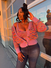 Load image into Gallery viewer, Vivid Sunset Palette: A captivating gradient of pink, lavender, turquoise, red, yellow, and blue, inspired by the beauty of twilight skies.
Button-Up Sweater: Perfectly oversized for layering, featuring front buttons for an adjustable, effortlessly cool look.
Halter Top: A sleek, fitted design that adds a playful yet elegant touch to the set.
Versatile Styling: Wear together for a coordinated look or mix and match with other wardrobe favorites.
📏 Available Sizes: XS, S, M, L