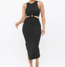 Load image into Gallery viewer, Black sleeveless ribbed O-ring open waist maxi dress with side slit and chic modern fit.
