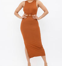Load image into Gallery viewer, Brown rib sleeveless O-ring waist cutout maxi dress featuring ribbed texture and flattering fit.