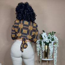 Load image into Gallery viewer, Casual night out outfit featuring multicolor front tie crop top blouse.