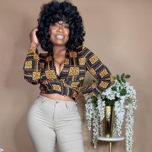 Load image into Gallery viewer, Multicolor pattern print crop top blouse styled for brunch with puffy sleeves.