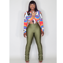 Load image into Gallery viewer, Olive stacked leggings styled with casual crop top and sneakers, showing versatility for streetwear, trendy outfits, and active fashion.