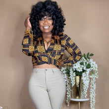 Load image into Gallery viewer, Vintage-inspired puffy sleeve crop top with adjustable tie front and back.