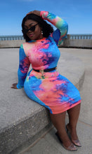 Load image into Gallery viewer, Back view of long sleeve tie dye maxi bodycon dress with mock neck and curve-hugging stretch fabric.
