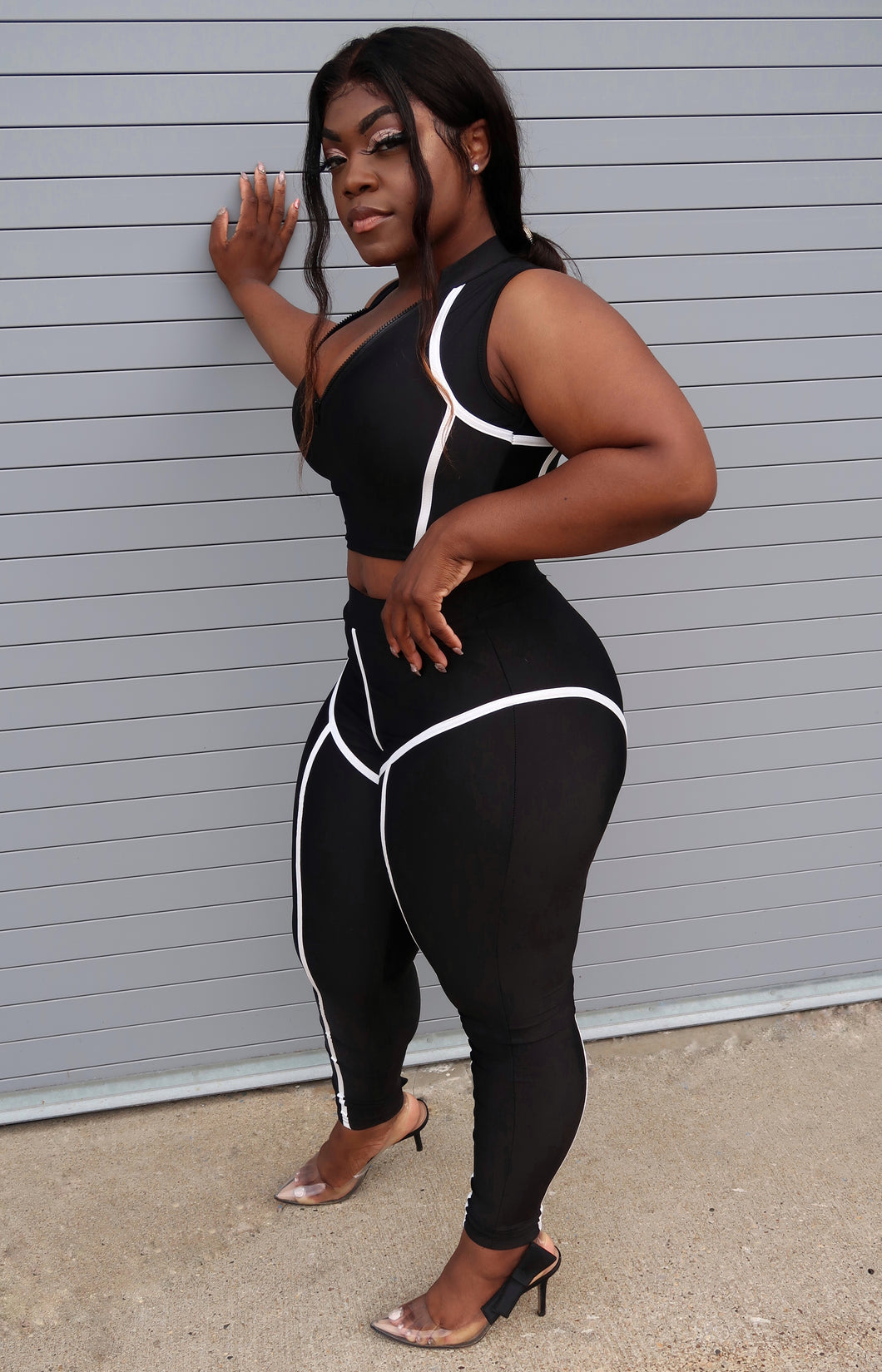 black reflective strip patchwork 2 piece