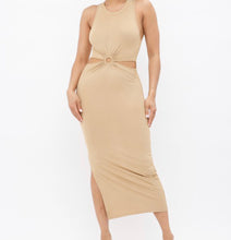 Load image into Gallery viewer, Taupe ribbed sleeveless O-ring side slit maxi dress in neutral tone with smooth stretch fabric.
